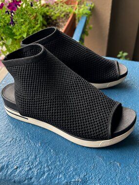 Eileen Fisher Snug Black Stretch Knit Wedge Sandal Peep Toe Cutout 8